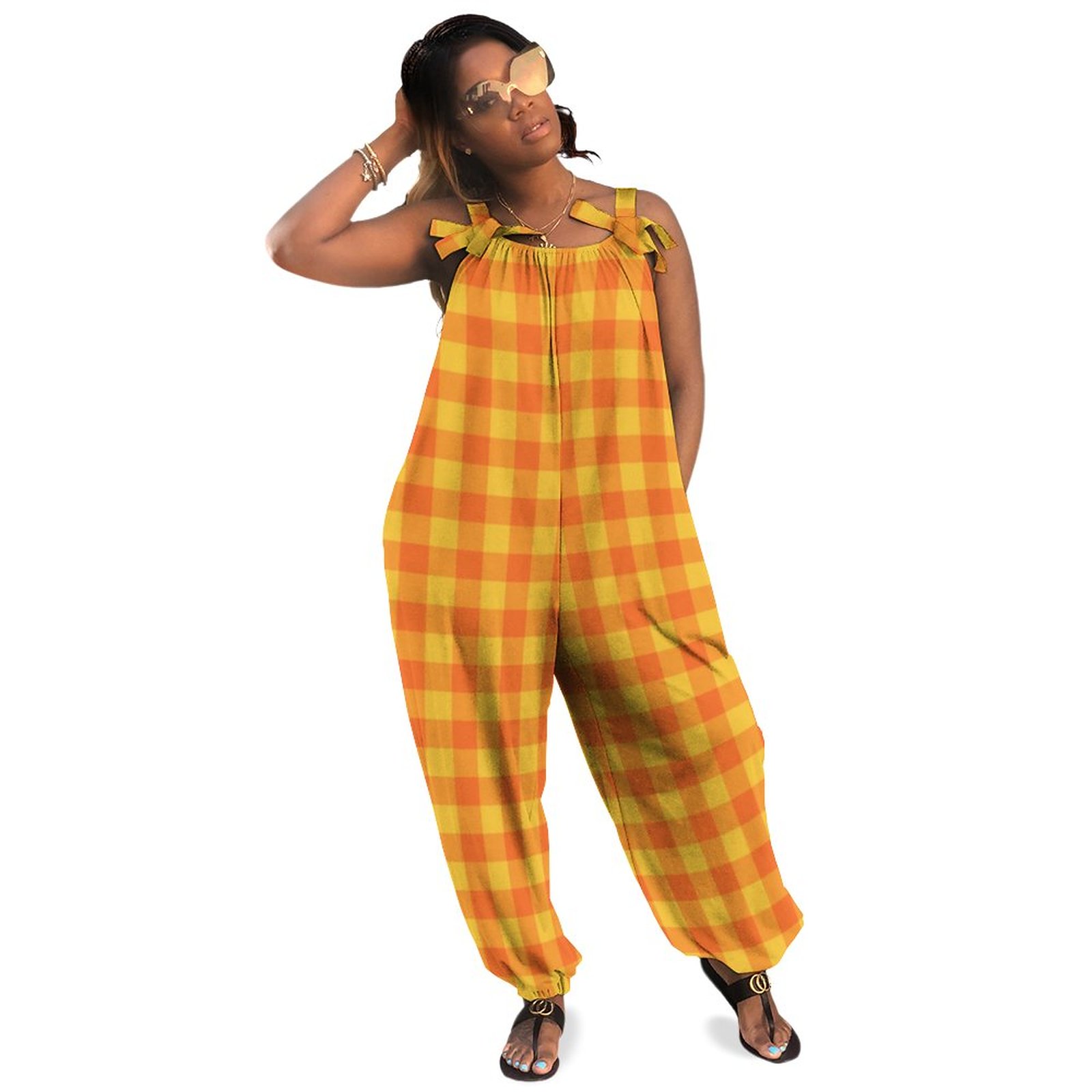 Retro Buffalo Plaid Tartan Pattern Yellow Orange Plus Size Women Rompers Summer Casual Loose Ankara Jumpsuit Playsuit Boho Pockets Polyester Spandex