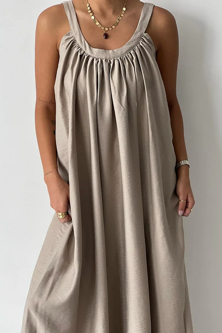 Wide Strap Pleated Round Neck Sleeveless Plain Linen Maxi Dresses [Pre Order]