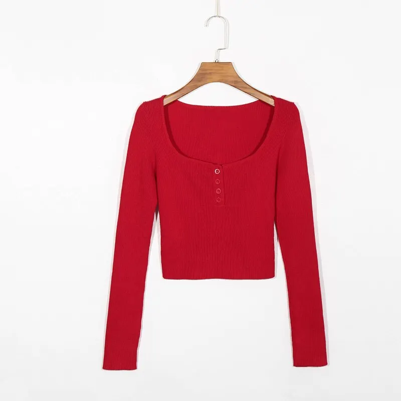 Spring and Autumn Women's Casual Pure Color Square Neck Long Sleeve Short Slim Sweater