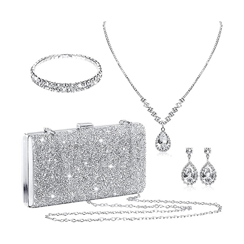 Bridal Jewelry Suit Rhinestone Water Drop Wave Necklace Earrings Bracelet New Diamond Surface Square Box Dinner Bag Four-piece Set