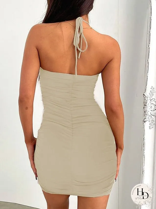 Bodycon Sheath Dress Sexy Dress Mini Dress Black White Pink Sleeveless Pure Color Ruched Summer Spring Halter Party Slim S M L XL 2XL 3XL / Slip Dress for Women