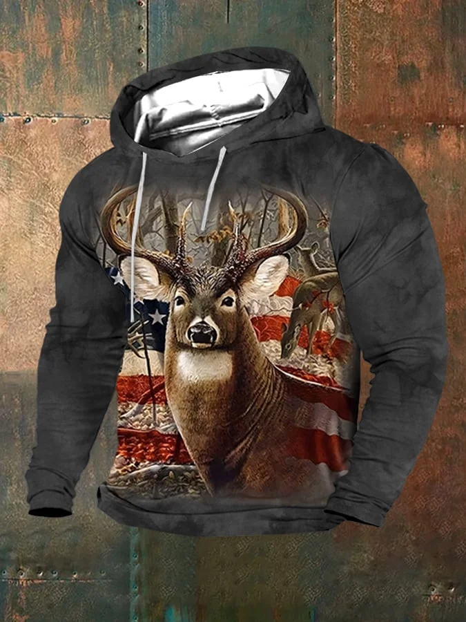 Men's Western Elk Print Hooded Sweatshirt