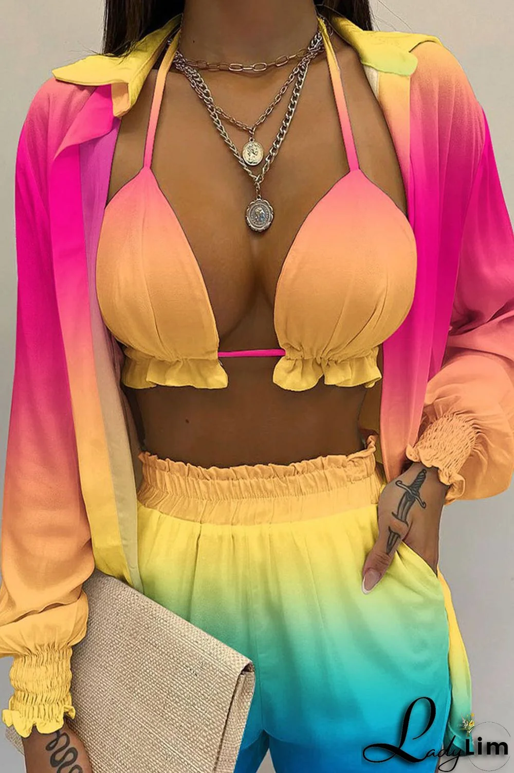 Yellow Sexy Print Patchwork Turndown Collar Long Sleeve Three Pieces