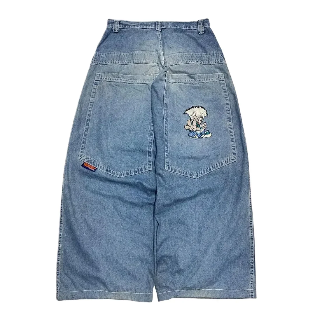 Maklawn Streetwear Y2K Kawaii Cartoon Characters Embroidered Light Blue Washed Men Baggy Jeans Japanese Harajuku Gothic Skateboard Pants