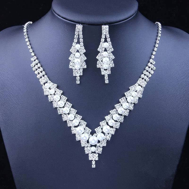 Rhinestone Crystal Pearl V shape African Choker Necklace Earrings Set