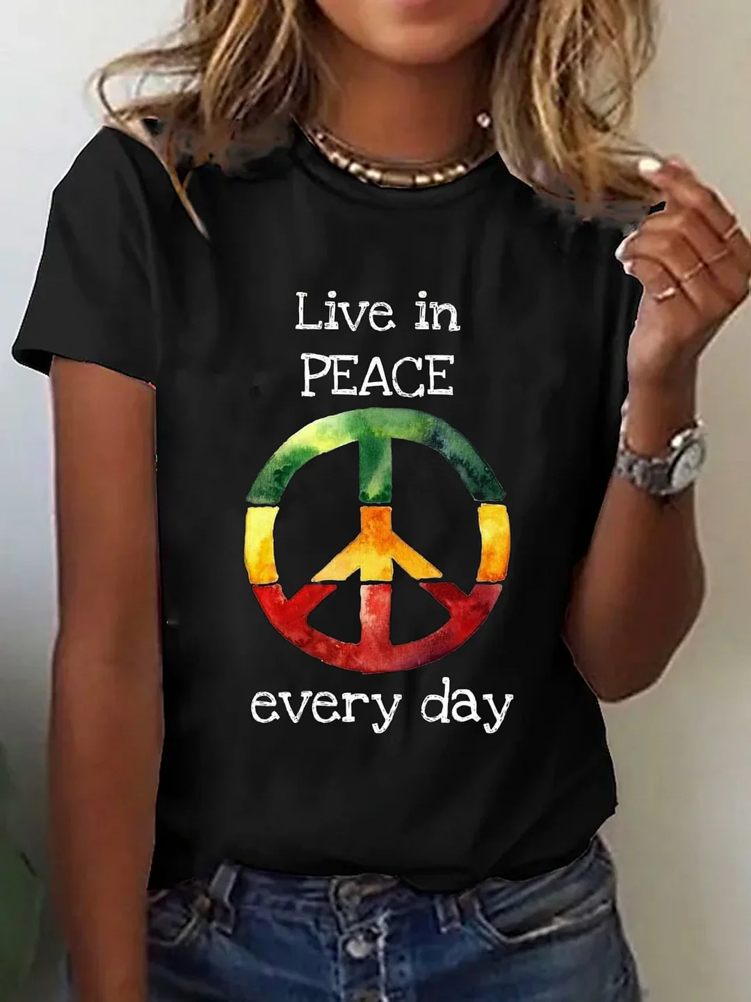 Women's Live In Peace Every Day Letter Print Short Sleeve Top