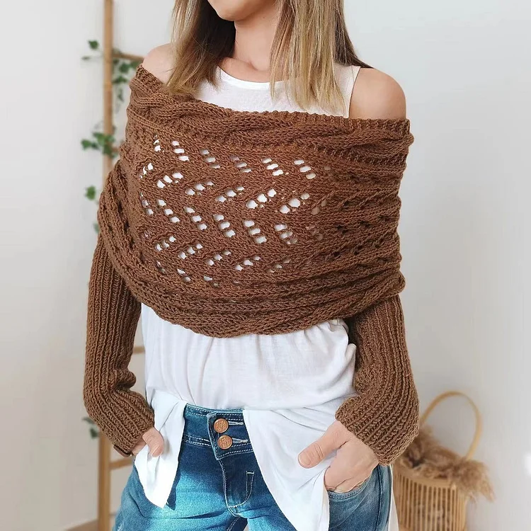 Women's Cable Knit Hollow Out Crochet Cocoon Scarf with Sleeves