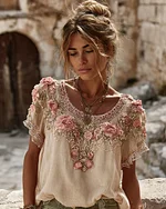 Women's Vintage Floral Embroidered Art Flowy Linen Blend Short Sleeve Casual Tops - Image 8