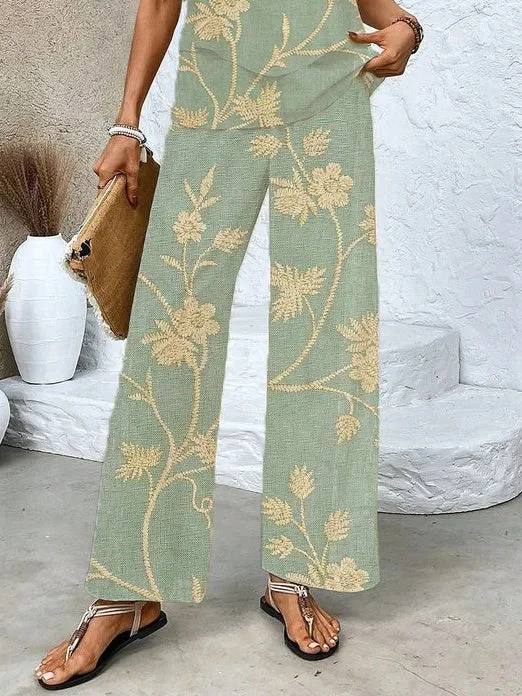 Women's Sleeveless Square Collar Graphic Printed Casual Set