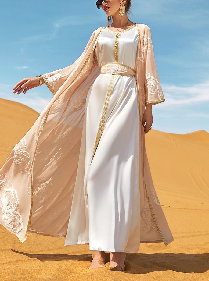Women's Round Neck Gold Lace Dress and Desert Rose Embroidered Tunic Set | Oxredo Shop Ramadan Sale