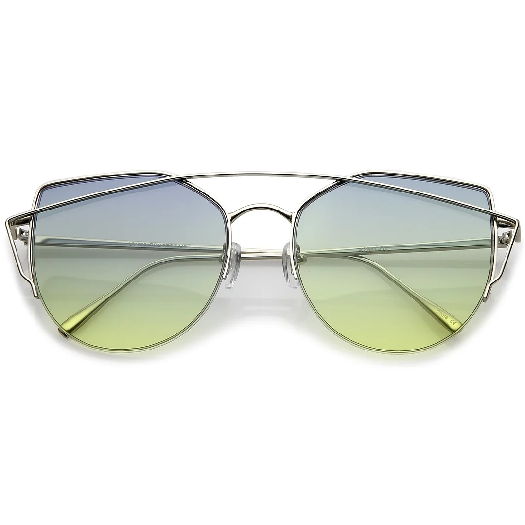 Women's Semi Rimless Metal Brow Bar Round Colored Flat Lens Cat Eye glasses