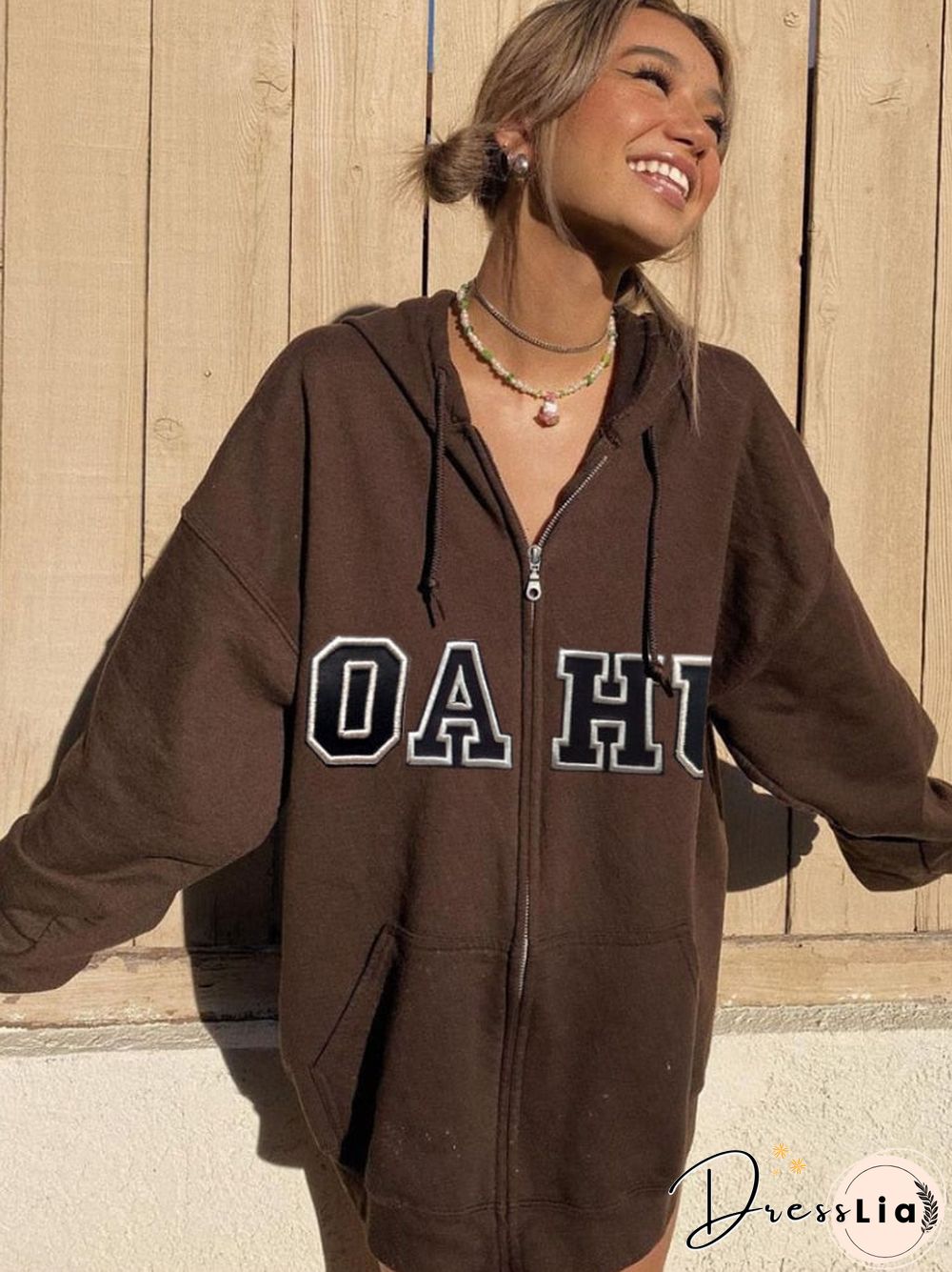Vintage Brown Zip Sweatshirts Women Y2K Streetwear Letter Print Oversized Hoodie Pockets