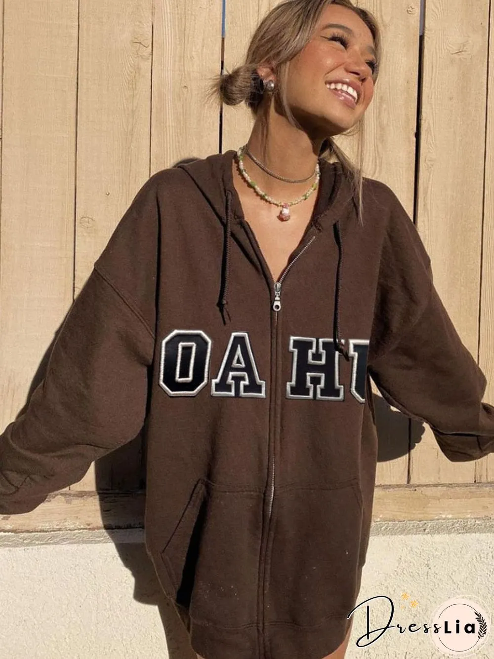 Vintage Brown Zip Sweatshirts Women Y2K Streetwear Letter Print Oversized Hoodie Pockets