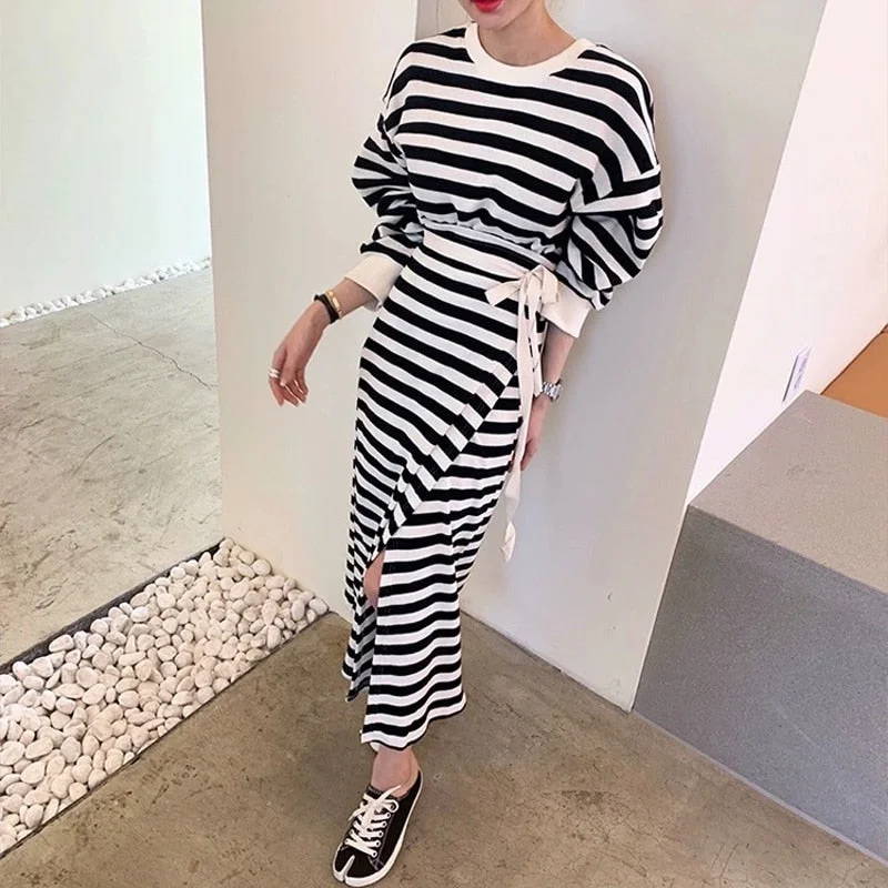 Zoki Korean Tunic Women Maxi Dress Spring High Waist Lace Up Fashion Long Sleeve Striped Streetwear O Neck Female Party Vestidos