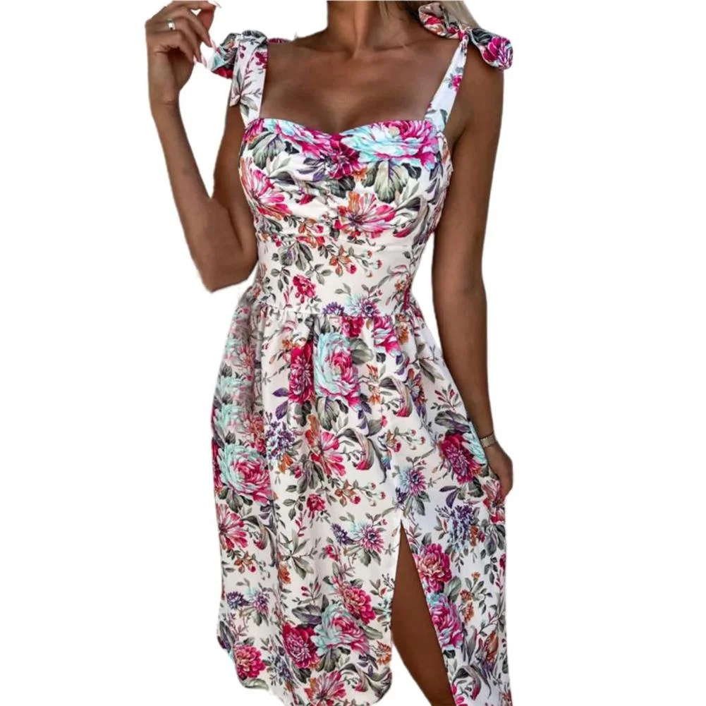 Bow-knot Midi Dress Sling Square Neck Sleeveless Flower Print Backless Lace Up Tight Waist Prom Dress Party Dresses Vestidos