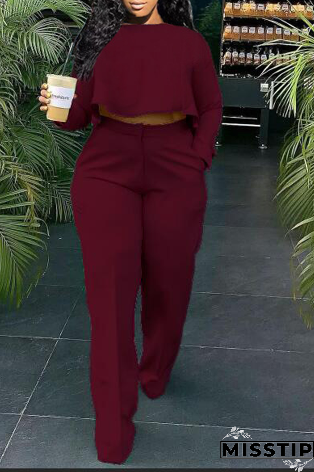 Green Casual Solid Flounce O Neck Long Sleeve Two Pieces