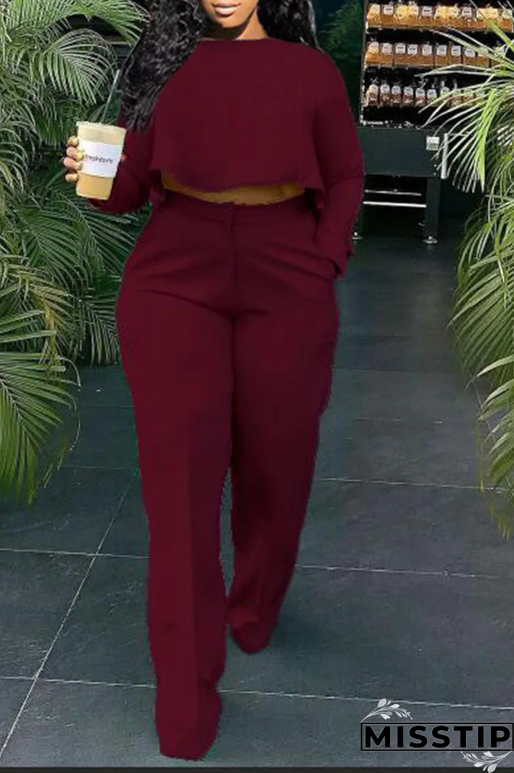 Green Casual Solid Flounce O Neck Long Sleeve Two Pieces