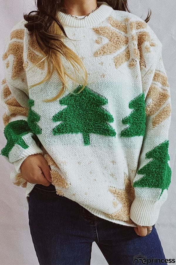 Christmas Pattern Knitted Crew Neck Long Sleeved Sweater