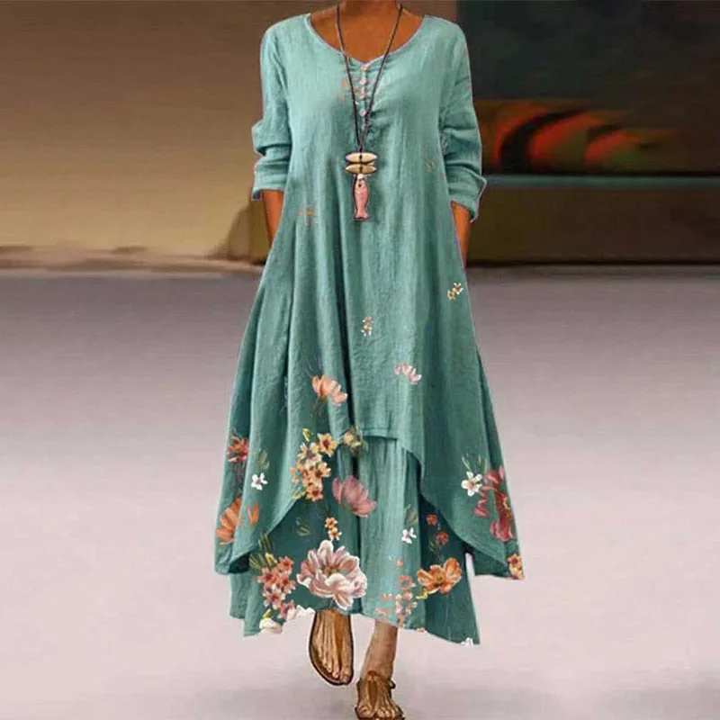 2022 Casual Floral Print Dress Women Summer O Neck Long Sleeve Plus Size Long Dress Female Irregular Loose Party Maxi Vestidos