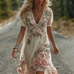 Women's Vintage Floral Embroidery V Neck Casual Midi Dress - Image 2