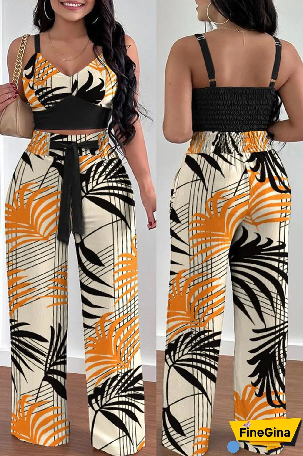 Green Elegant Print Solid Patchwork Pocket Frenulum Fold Spaghetti Strap Sleeveless Two Pieces