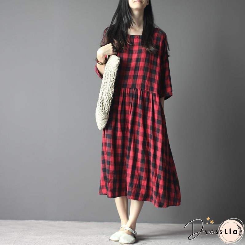 Plaid maxi dress cotton sundress linen three quarter sleeves in red and black