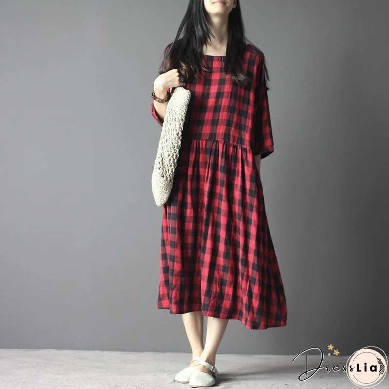 Plaid maxi dress cotton sundress linen three quarter sleeves in red and black
