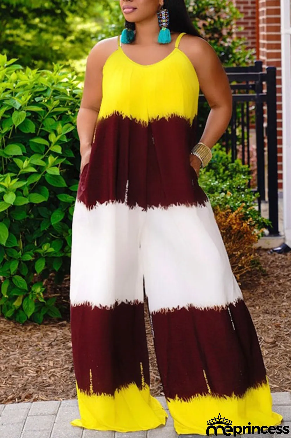 Yellow Casual Print Patchwork Spaghetti Strap Plus Size Jumpsuits