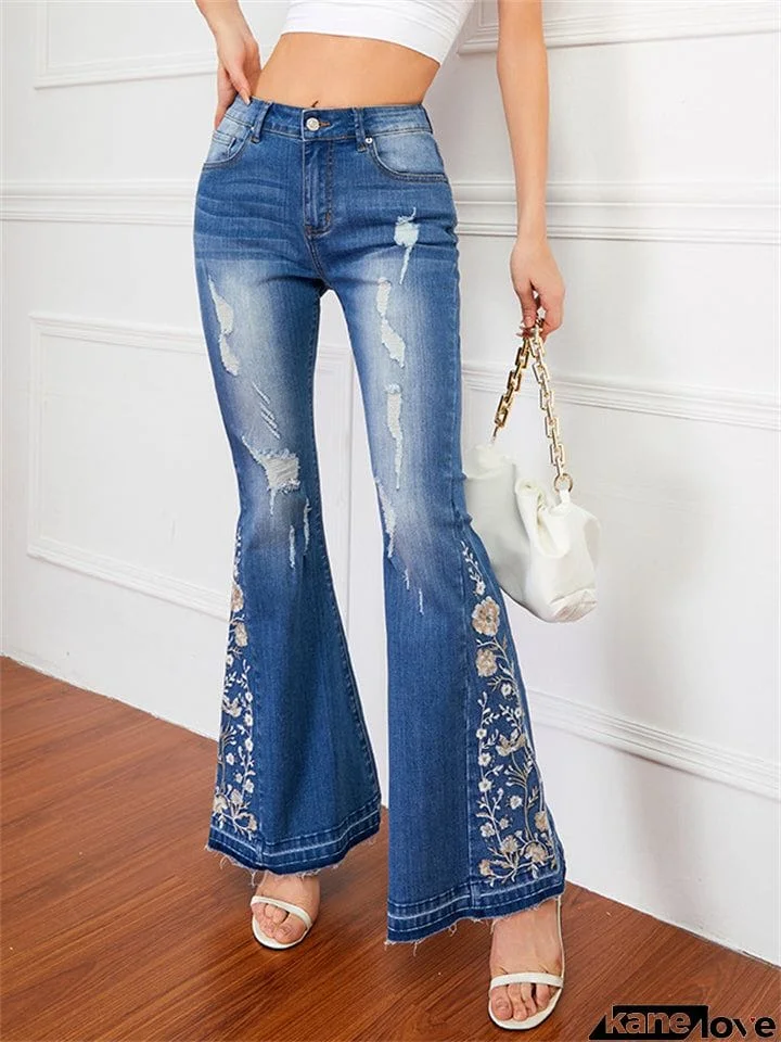 Women's Washed Effect Floral Embroidery Bell Bottoms Jeans for Summer Autumn