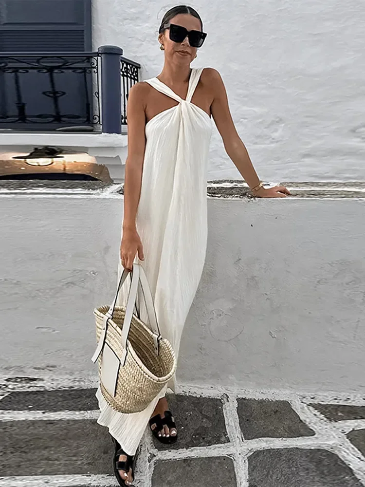 Sexy White Off Shoulder Halter Pleated Maxi Dress Fashion Sleeveless Loose Dresses Summer 2024 Ladies High Streetwear Vestidos