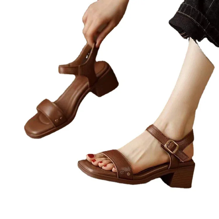Breakj Breakj Thick Heel Sandals Female Summer 2024 New Foreign Style Open Toe Non-Slip Soft Bottom One Word Buckle Mom Shoes