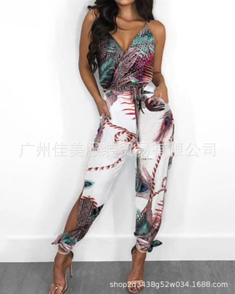 2021 new women's feather print sleeveless jumpsuit ladies pants rompers womens jumpsuit