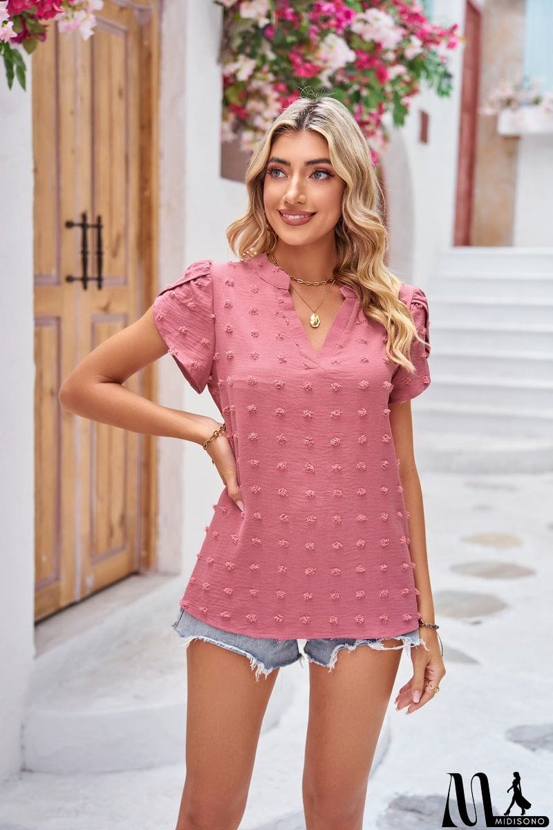 MidiSono - Swiss Dot Petal Sleeve Notched Top