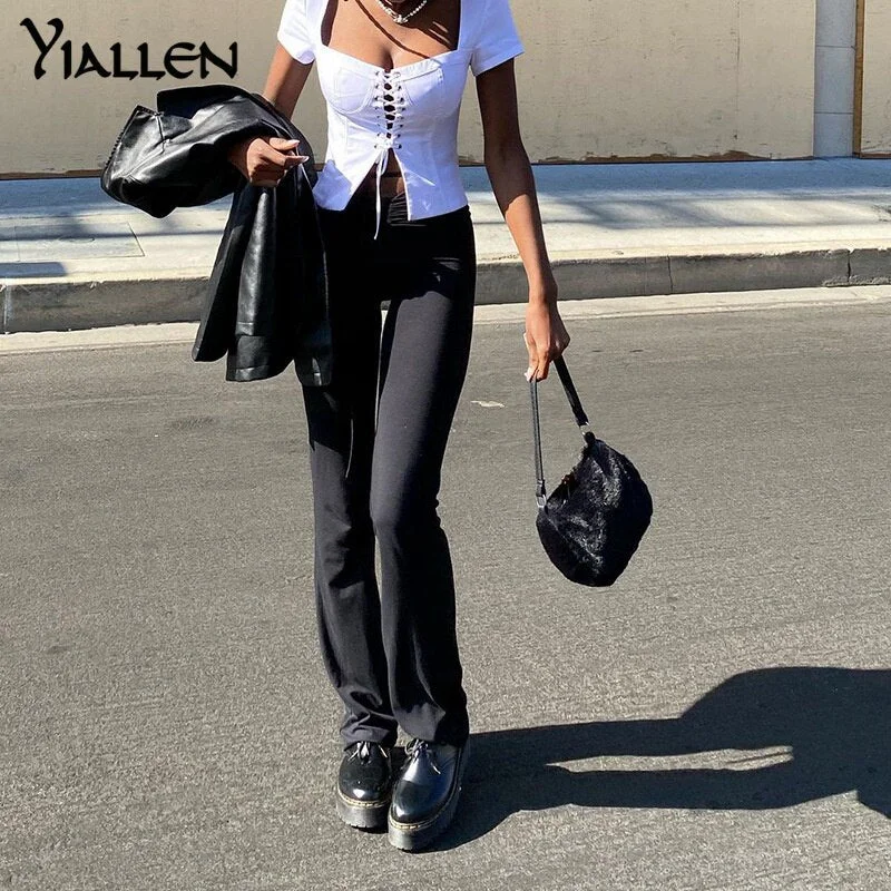 Yiallen Summer Sexy Chic Fashion Square Collar Lace Up Top and Blouse for Women Short Sleeve Top Blouses Elegant Vintage Hot