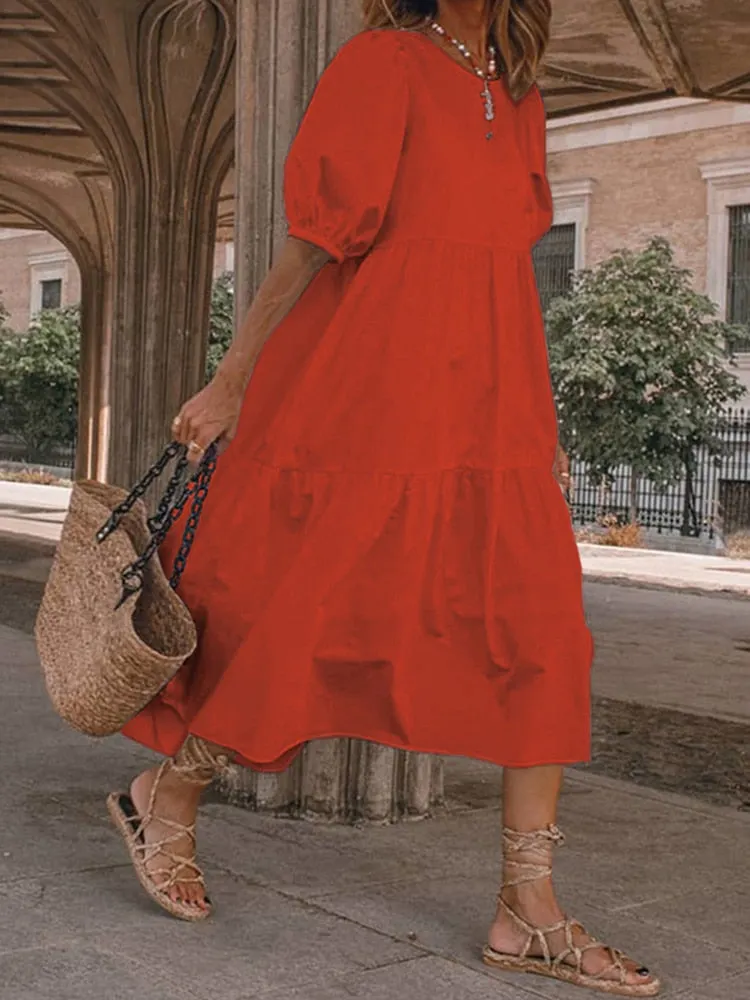 VONDA Women Summer Midi Dress Ladies Sexy Lantern Sleeve Beach Sundress 2022 Fashion Ruffled Casual Solid Bohemian Vestidos Robe