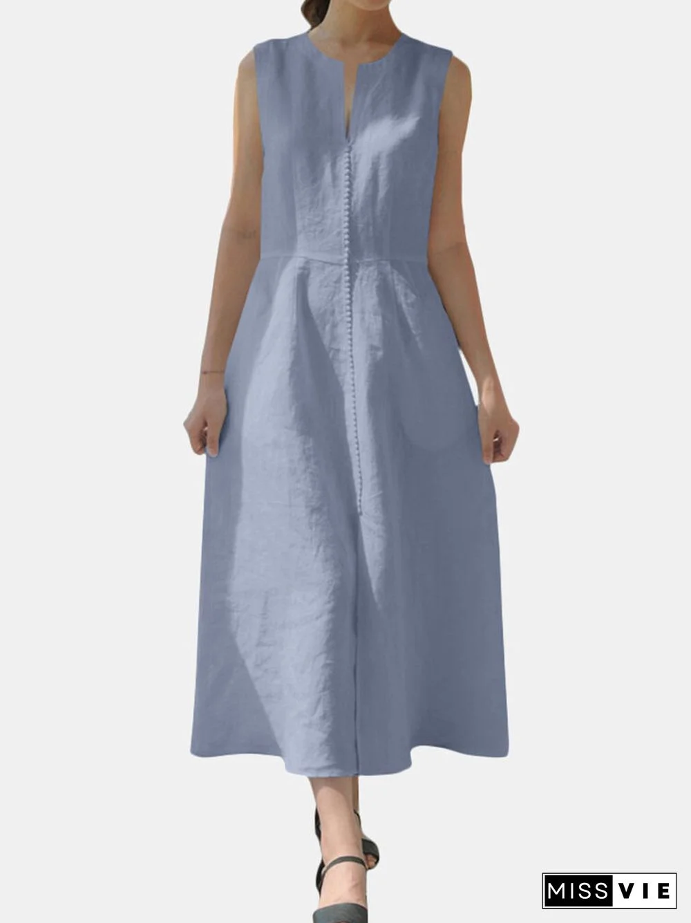 Lace Patch Round V-neck Pocket Sleeveless Cotton Dress with Belt