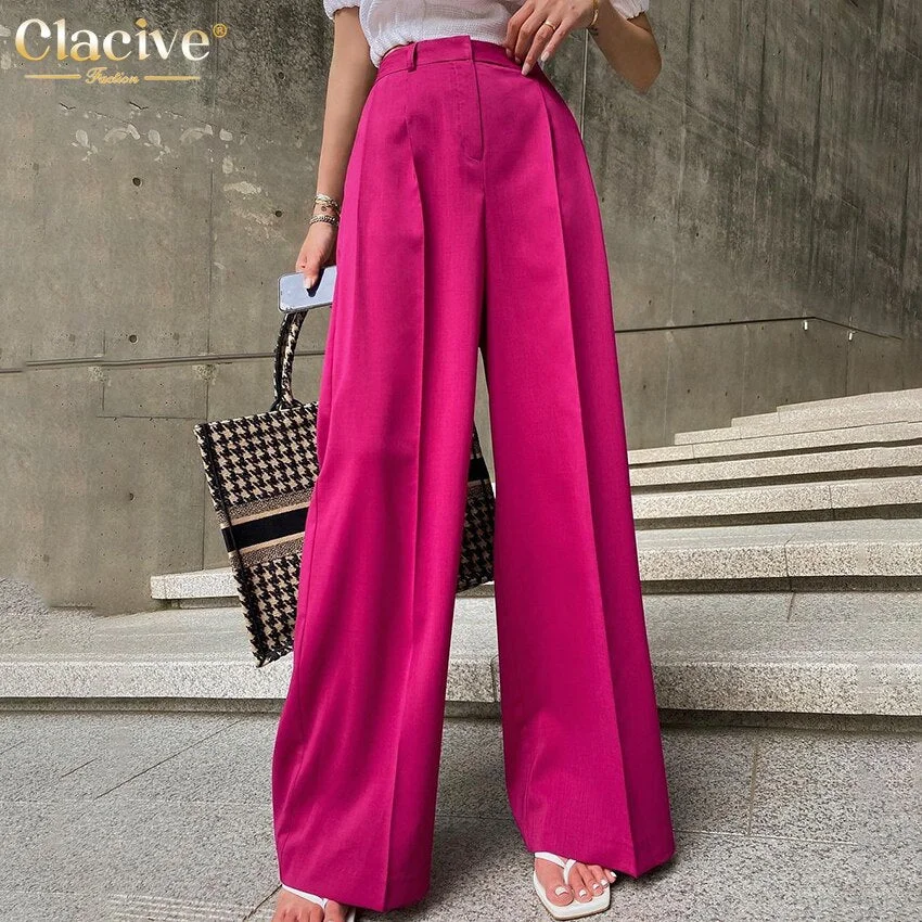 Clacive Pink Office Women's Pants Summer Fashion Full Length Pants Ladies Elegant Loose High Waist Wide Trousers Female Clothing