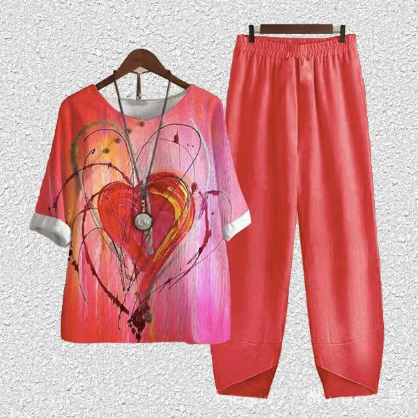 Women plus size clothing Women's Half Sleeve Scoop Neck Heart Printed Top & Pockets Design Long Pants Set-Nordswear