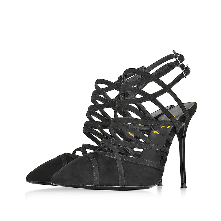 Black Strappy Sandals Stiletto Heels Slingback Closed Toe Sandals |FSJ Shoes