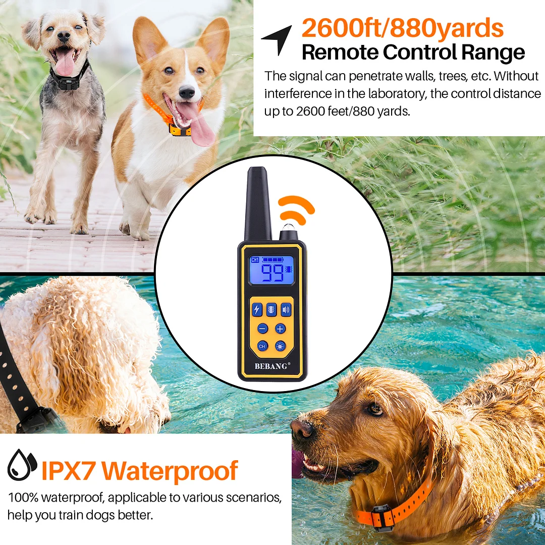 Dog Training Collars, Dog Shock Collar with Remote 2600 feet, 3 Modes Beep Vibration Shock, IPX7 Waterproof, LED Light, USB Charging, Dog Bark Collar for Training Small Medium Large Dogs