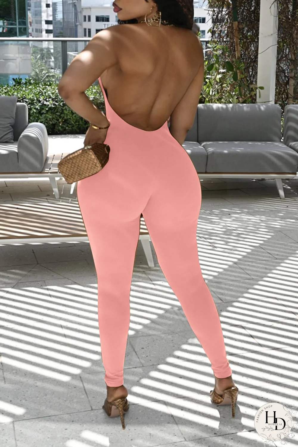 Black Sexy Solid Backless Halter Skinny Jumpsuits