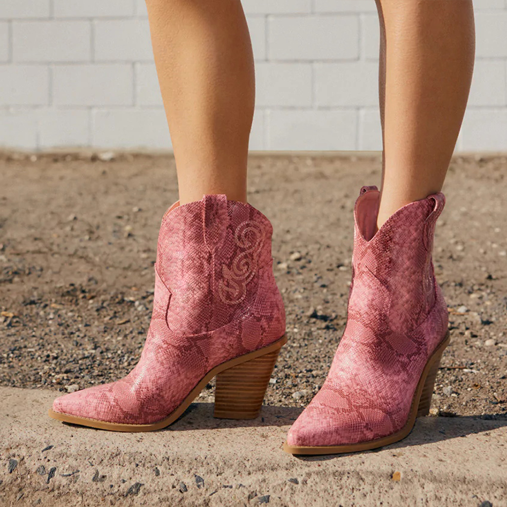 Pink Snake Texture  Short Boots Cone Heel Booties
