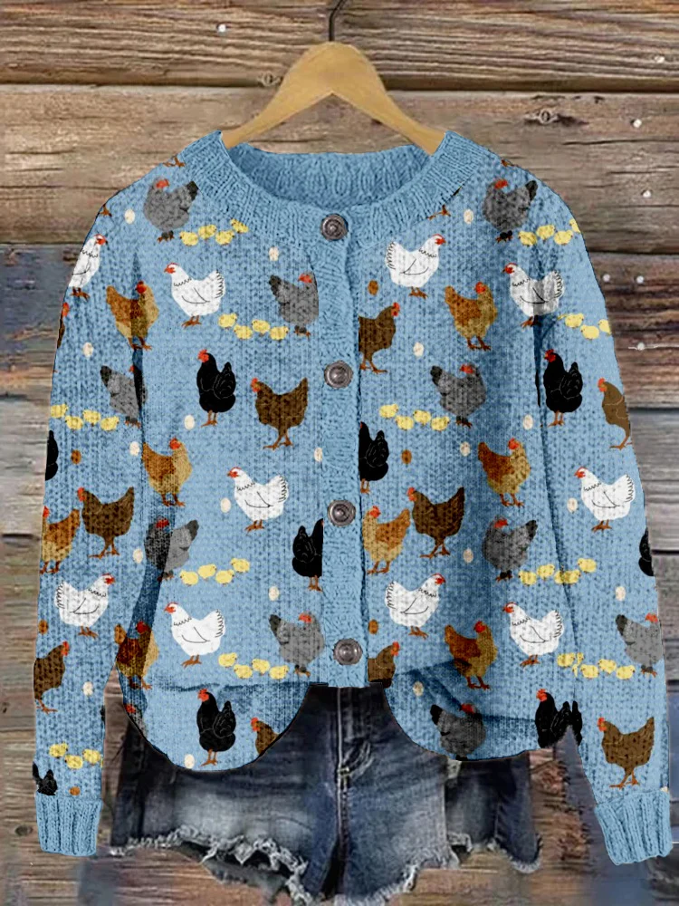 VChics Hens and Chicks Graphic Vintage Cozy Knit Cardigan