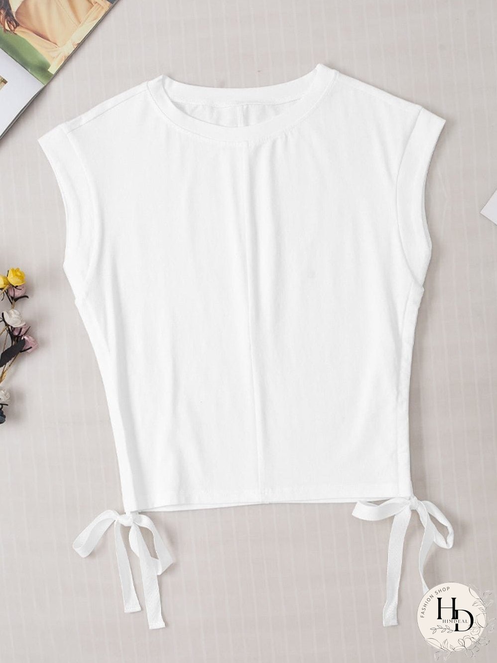 White Drawstring Side Short Sleeve Crew Neck Tee