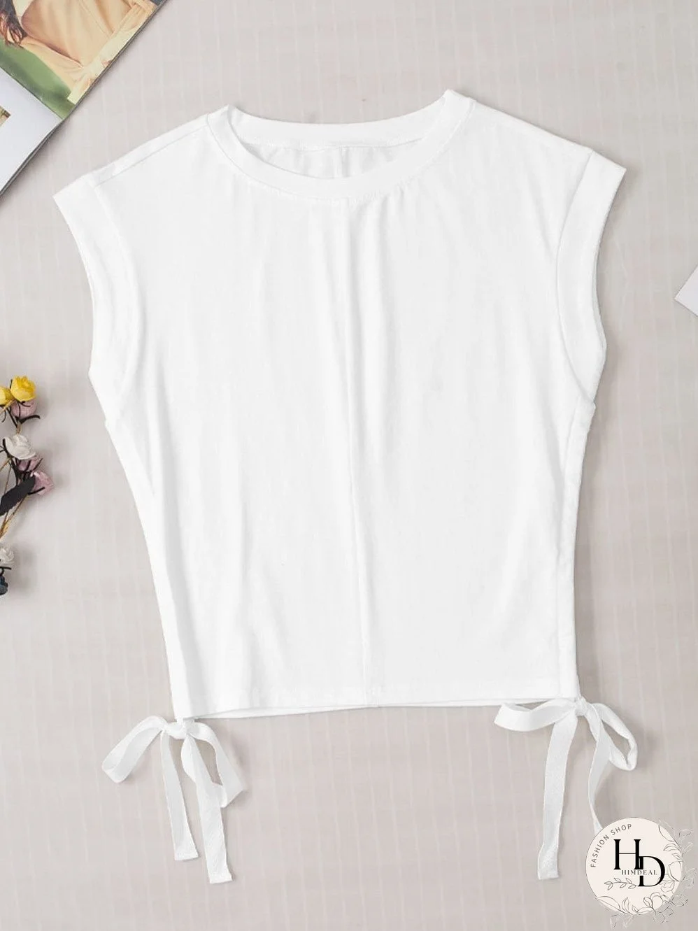 White Drawstring Side Short Sleeve Crew Neck Tee