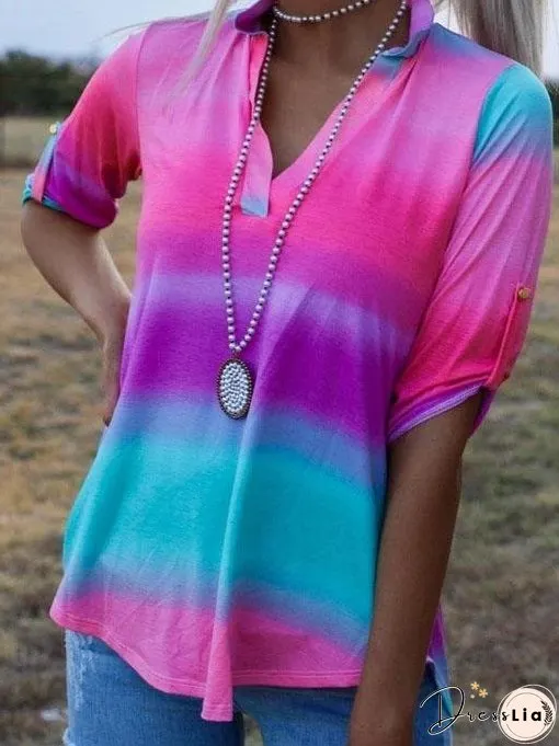 Tie-dye Mid-sleeved V Neck Lapel T-shirt for Women