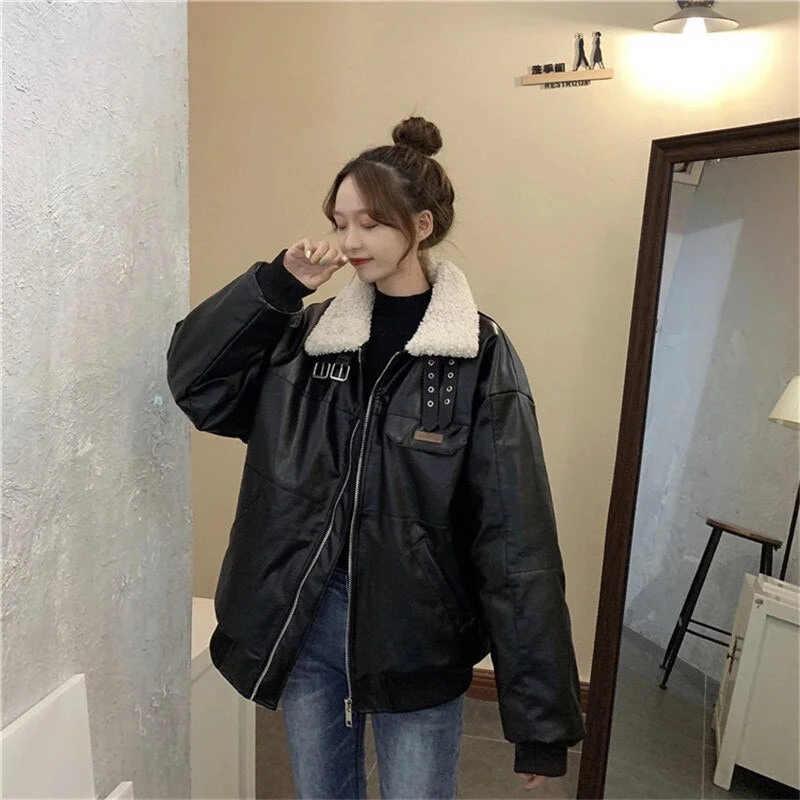 Winter Korean lamb fur loose short padded PU leather tooling cotton jacket women warm parkas black