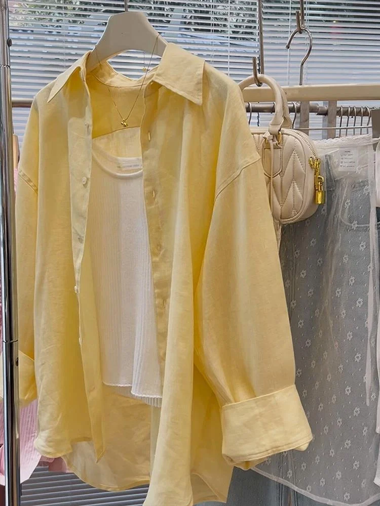 Athvotar Athvotar Lazy Goose Yellow Linen Sunscreen Shirt Women 2025 Summer New Korean Version Of Loose Cotton T-Shirt