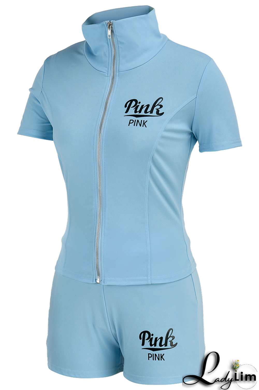 Pink Fashion Print Draw String Hooded Collar Short Sleeve Two Pieces