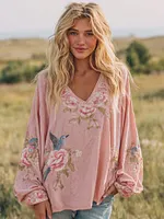 Women's Bohemian Pink Floral And Birds Art V-neck Long-sleeved T-shirt